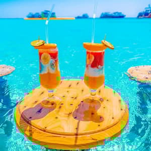 Deux cocktails aux fruits sur une petite table en bois flottant dans une eau turquoise claire, avec des bateaux visibles à l'horizon sous un ciel lumineux.