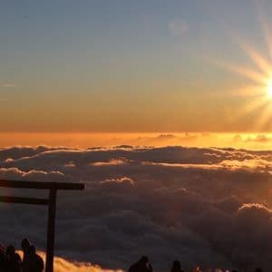 Un viaggio di gruppo WeRoad ammira l'alba su un mare di nuvole da una vetta montuosa, con un torii in silhouette.