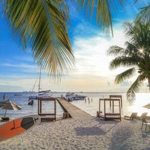 A wooden pier on a tropical beach with palm trees, lounge beds, and a paddleboard extending into the ocean at sunset.