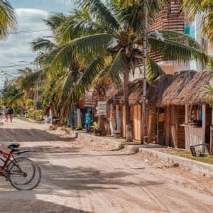 A red bicycle is parked on a sandy street lined with palm trees and rustic, thatched-roof shops.