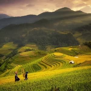 Two people walk through terraced rice paddies on rolling hills as sun rays beam down from a cloudy sky at sunset.