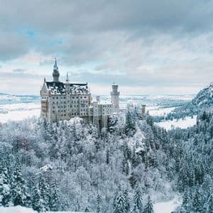 A large white castle with turrets sits on a hilltop surrounded by a dense, snow-covered forest under a cloudy winter sky.