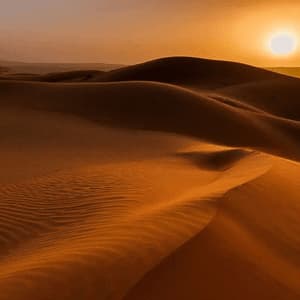 The setting sun casts a warm, orange glow over rolling sand dunes in a vast desert landscape.