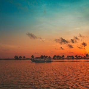 Una barca bianca naviga sull'acqua mentre il sole tramonta dietro una fila di palme in silhouette, proiettando un bagliore arancione.