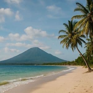 Ein palmengesäumter Sandstrand trifft auf das türkisfarbene Meer, dahinter ragt ein großer Berg unter blauem Himmel mit Wolken auf.