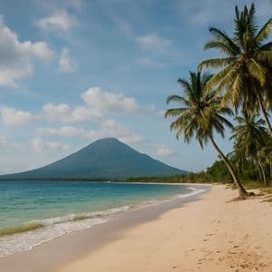 Ein tropischer Sandstrand, gesäumt von Palmen, erstreckt sich entlang des türkisfarbenen Ozeans, mit einem großen Vulkan, der in der Ferne unter einem blauen, bewölkten Himmel sichtbar ist.