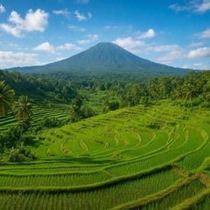Lebhaft grüne Reisterrassen und Palmen an einem Berghang, mit einem großen bewaldeten Berg im Hintergrund unter einem teilweise bewölkten Himmel.