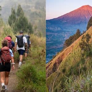 Ein geteiltes Bild zeigt eine WeRoad-Gruppe beim Wandern auf einem grasbewachsenen Pfad und eine malerische Ansicht eines Vulkans bei Sonnenaufgang.
