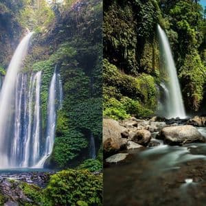 Ein geteiltes Bild zeigt zwei Ansichten eines Wasserfalls. Links stürzt eine breite Kaskade eine grüne Klippe hinab; rechts rauscht Wasser über Felsen.