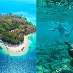 Ein geteiltes Bild: links eine Luftaufnahme einer tropischen Insel, rechts eine Person, die mit einer Meeresschildkröte schnorchelt.