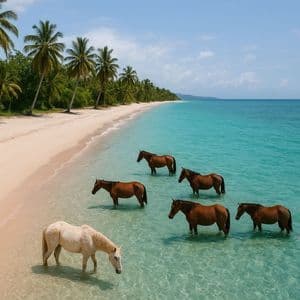 Eine Gruppe Pferde steht im seichten, türkisfarbenen Wasser eines tropischen Palmenstrandes.