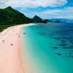 Eine Luftaufnahme eines langen, geschwungenen rosa Sandstrandes, der an türkisfarbenes Wasser grenzt, mit üppig grünen Bergen im Hintergrund unter blauem Himmel.