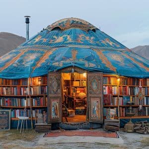 Una grande yurta blu decorata con le sue pareti esterne costruite da librerie piene di libri, ambientata in un paesaggio montuoso e arido al tramonto.