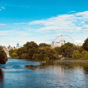 Una vista sul lago in un parco, con una grande ruota panoramica e lo skyline della città visibile dietro una fila di alberi verdi.