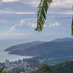 Una vista dall'alto di una città costiera adagiata tra colline boscose e il mare, con vegetazione tropicale in primo piano.