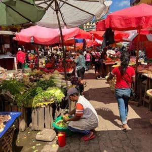 Un vivace mercato all'aperto con persone che acquistano verdure fresche alle bancarelle ombreggiate da grandi ombrelloni colorati.
