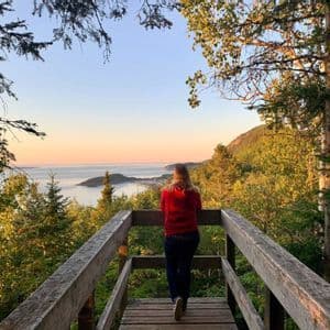 Una persona con una felpa rossa, da un belvedere in legno, ammira una costa boscosa e una baia al tramonto.