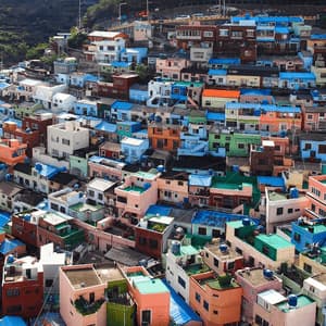 Un fitto raggruppamento di case colorate con tetti blu brillanti, edificate su un ripido versante verde, di giorno.
