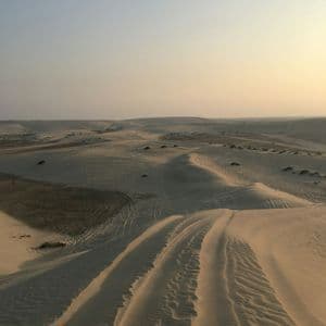 Tracce di pneumatici si snodano tra le vaste dune di sabbia del deserto sotto un cielo velato al tramonto.
