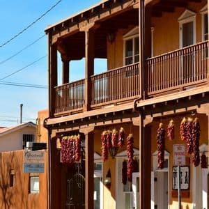Ghirlande di peperoncini rossi secchi sono appese al portico di legno di un edificio a due piani in stile adobe, in una giornata di sole.
