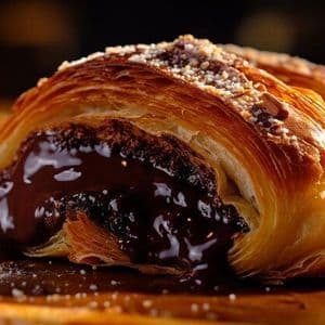 A close-up of a flaky croissant filled with melted chocolate oozing out, sprinkled with sugar and nuts on top.