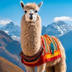 Una llama con una manta de rayas colorida posa frente a una cordillera nevada.