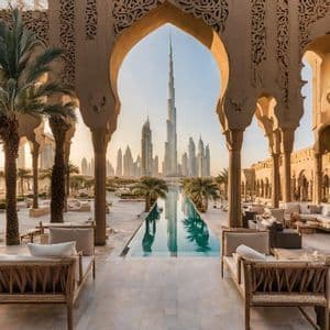 Un horizon urbain moderne est encadré par une grande arche ornée surplombant une cour avec un bassin réfléchissant, des chaises longues et des palmiers.