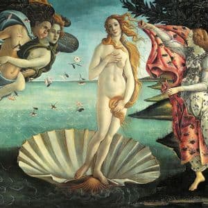 Pintura de una mujer desnuda de cabello largo, de pie sobre una gran concha marina, con figuras aladas volando a la izquierda y una mujer con túnica a la derecha.