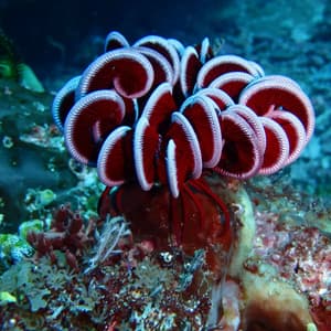 Primo piano di una stella marina piumata rossa con fronde ricciute dai bordi bianchi, adagiata su una colorata barriera corallina sottomarina.