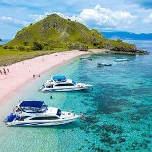 Una veduta aerea di yacht ancorati in acqua turchese cristallina accanto a una spiaggia di sabbia rosa, con rigogliose colline verdi sullo sfondo.