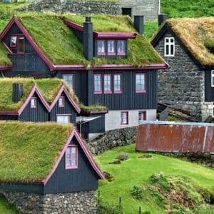 Un gruppo di case tradizionali in legno scuro con vivaci tetti d'erba verde costruite su un pendio erboso.
