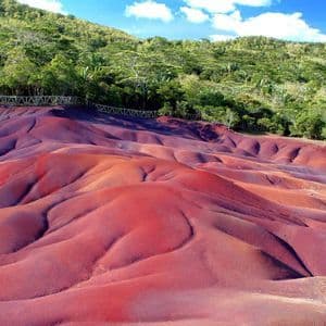 Dune di sabbia multicolori, con sfumature di rosso e viola, ondulano davanti a una lussureggiante foresta verde sotto un cielo azzurro.