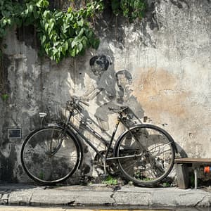 Una vera bicicletta è parcheggiata contro un muro logoro con un murale di street art raffigurante due bambini che la cavalcano.