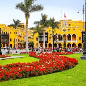 Une place de ville animée avec un grand bâtiment colonial jaune, des palmiers et des parterres de fleurs rouges éclatantes sur une pelouse verte où les gens se rassemblent.