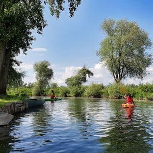 Due persone di un gruppo WeRoad in kayak su un fiume tranquillo, con alberi rigogliosi sulle sponde sotto un cielo azzurro.
