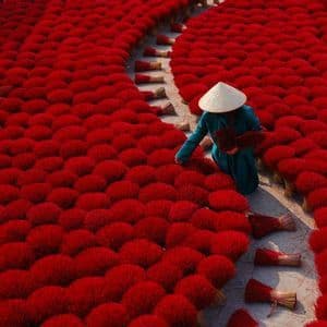 A person wearing a conical hat arranges bundles of red incense sticks that are laid out to dry on the ground in rows.