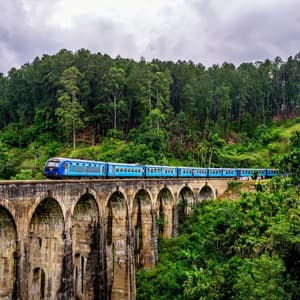 Un train bleu traverse un grand pont de pierre à plusieurs arches, entouré d'une forêt tropicale luxuriante sous un ciel nuageux.