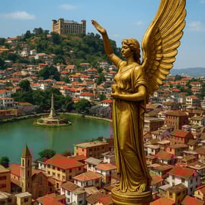 Eine goldene Statue eines geflügelten Engels steht auf einem Podest und überblickt eine Stadt mit rotgedeckten Häusern und einem zentralen See.