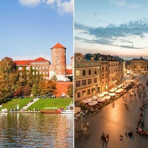 Ein Diptychon, das links eine Backsteinburg an einem Fluss bei Tag und rechts einen belebten, beleuchteten Stadtplatz bei Dämmerung zeigt.