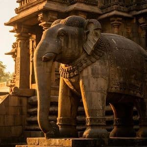 Une grande statue d'éléphant en pierre sculptée se dresse à l'entrée d'un temple, illuminée par un soleil chaleureux.