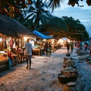 Un marché en plein air illuminé sur une plage de sable au crépuscule, avec des gens se promenant devant des étals aux toits de chaume et des palmiers.