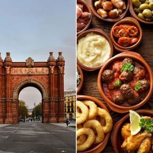 Una imagen dividida que muestra un arco de triunfo de ladrillo rojo a la izquierda y una variedad de tapas españolas en una mesa de madera a la derecha.