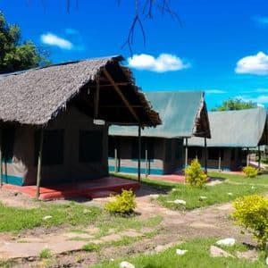 Una hilera de grandes tiendas de safari con techos de paja y lona, situadas en una ladera verde con árboles bajo un cielo azul.