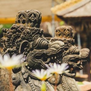 Primo piano di statue di draghi in pietra finemente intagliate all'aperto, con fiori bianchi sfocati in primo piano.