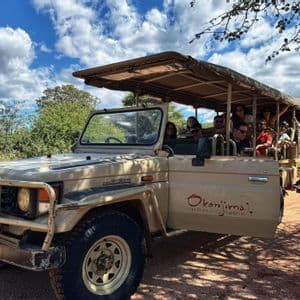Un gruppo WeRoad sorride a bordo di un veicolo safari scoperto, fermo su una strada sterrata.