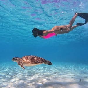 Una mujer con un traje de baño rosa y aletas hace snorkel junto a una tortuga marina en agua azul clara sobre un fondo marino arenoso.