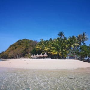 Vista dall'acqua limpida e poco profonda di un'isola tropicale con spiaggia di sabbia bianca, palme e una collina boscosa sotto un cielo blu.