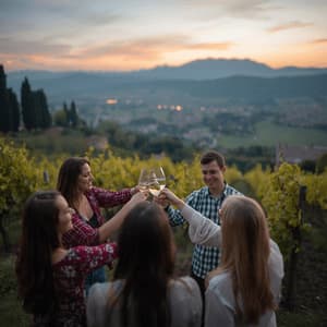 Un viaggio di gruppo WeRoad brinda con calici di vino bianco in un vigneto al tramonto, affacciato su una valle e montagne.
