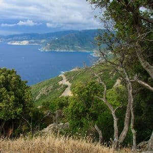 Luftaufnahme einer kurvenreichen Straße an einer grünen, hügeligen Küste mit Blick auf das tiefblaue Meer unter einem teilweise bewölkten Himmel.