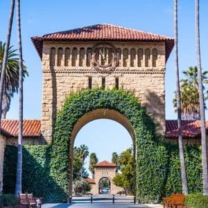 Un arco in pietra ricoperto d'edera di un edificio è incorniciato da alte palme sotto un cielo azzurro e limpido.
